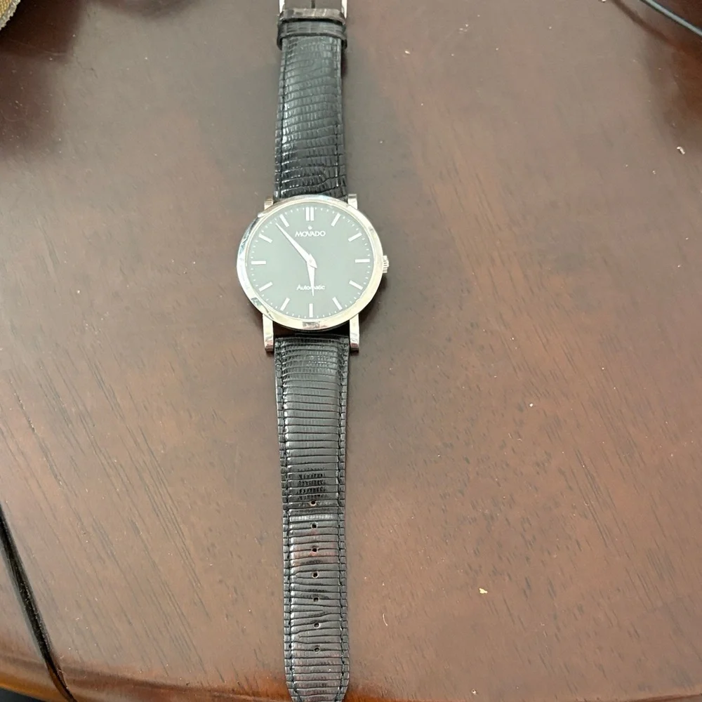 Movado Silver and Black Leather Watch - Picture 2 of 5